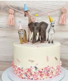 an elephant, zebra, tiger and giraffe on top of a birthday cake