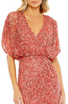 Bring the sparkle to a romantic night out in this elegant V-neck gown richly styled with multicolor sequins, draped short sleeves and a sweeping skirt. 61" length Deep V-neck Short sleeves Lined 100% polyester Dry clean Asian Owned/Founded High Neckline Dress, Colorful Dresses Formal, Drape Sleeves, Western Chic, Daytime Dresses, Sequin Gown, Coral Dress, Full Length Dress, High Quality Dress