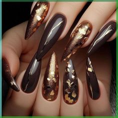 Dark Chocolate Nails, Chocolate Nails, Foil Nail Designs, Stiletto Shaped Nails, Nails For Fall, Dark Nail, Sunflower Nails, Long Stiletto, Elegant Nail Designs