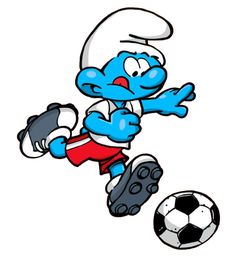 the smurf kicking a soccer ball with his foot on it's side