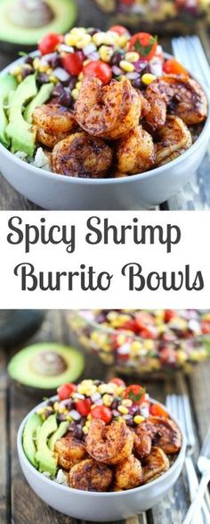 this spicy shrimp burrito bowl is loaded with avocado, corn and tomatoes