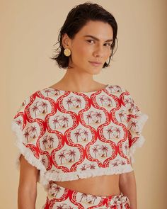 model wearing palm tree abstract print cropped top with white fringe detail White Strapless Midi Dress, Beach Blouse, Strapless Midi Dress, Tropical Pattern, Farm Rio, Linen Top, White Crop Top, Sun Kissed, Black Blazers