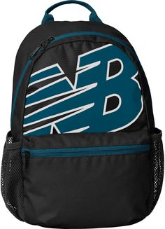 a black and blue backpack with the letter b on it