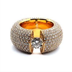 Luxury Diamond White Dome Ring, Yellow Gold Diamond Ring With Bling, Luxury Dome Ring In Diamond White, Glamorous Diamond Rings With Bling, Yellow Gold Diamond Ring With Sparkle, Luxury Yellow Gold Rings With Bling, Luxury Diamond Dome Ring With Brilliant Cut, Luxury Diamond White Dome Ring With Pave Setting, Luxury Dome Ring With Brilliant Cut Diamond