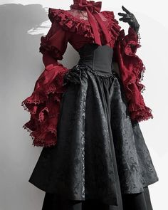 Gothicana Fan Art, Dramatic Outfits Fashion, Red And Black Formal Outfits Women, Dark Royalty Aesthetic Outfit, 1950s Gothic Fashion, Dark Royal Outfits, Diy Goth Dress, Red And Black Dress Aesthetic, Oc Clothes Outfit Ideas Art