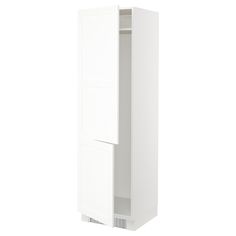 a tall white cabinet with two doors and drawers