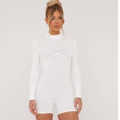 Long Sleeve And Has A Zip Up Back :) Trendy White Bodysuit For Loungewear, White Trendy Bodysuit For Loungewear, White Trendy Jumpsuits And Rompers For Loungewear, White Fitted Loungewear Bodysuit, Fitted White Bodysuit For Loungewear, White Fitted Bodysuit For Loungewear, White Bodysuit For Spring Loungewear, White Romper, Playsuit