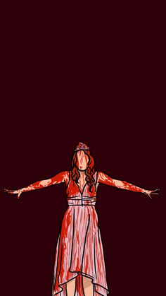 a drawing of a woman in a red dress with her arms spread out and hands outstretched