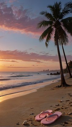 two pink flip flops are on the beach as the sun sets