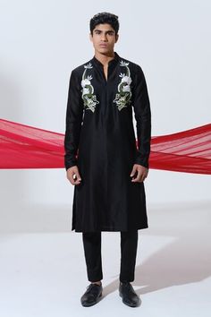 Black straight kurta featuring chinese dragon embroidery in glass bead, and silk thread work. Paired with a pant. - Aza Fashions Traditional Festive Kurta With Embroidery, Traditional Long Sleeve Wear With Embroidery, Festive Fitted Traditional Wear With Embroidery, Traditional Embellished Kurta For Ceremonial Occasions, Chinese Dragon Embroidery, Dragon Embroidery, Men Kurta, Straight Kurta, Kurta With Pants