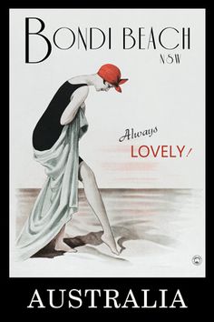 an advertisement for bondi beach, australia with a woman in a dress and red hat