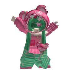 a pink and green doll is standing up