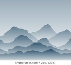 an abstract mountain landscape with blue mountains in the foreground and white clouds in the background