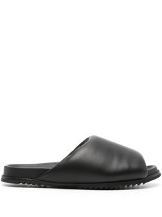 black lambskin smooth grain almond open toe padded design branded insole flat rubber sole slip-on style Pad Design, Leather Slippers, Slides Shoes, Rick Owens, Slide Slipper, Calf Leather, Open Toe, Rubber Sole, Slides