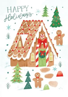 a christmas card with gingerbread houses and trees