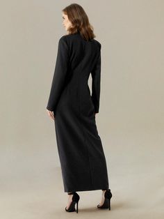 Regular Fit Lapel Collar Urban Dress | stylewe Elegant Fitted Longline Maxi Dress, Elegant Longline Fitted Maxi Dress, Full Length Spring Dresses For Work, Elegant Sheath Maxi Dress For Fall, Fitted Longline Fall Dresses, Full-length Maxi Dress For Work, Chic Sheath Maxi Dress For Fall, Fitted Workwear Dress With Longline Design, Fitted Longline Dress For Work