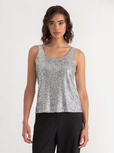 The Sleeveless Sequin Top, available in silver or black, is perfect for holiday celebrations with its shimmering style. It features a scoop neck in the front and ba Short Mini Dress, Best Jeans, Midi Maxi Dress, Sequin Top, Flat Iron, Blazer Dress, Cropped Leggings, Dresses With Leggings, Colored Jeans