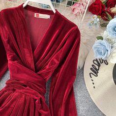 Vintage Long Sleeve V-Neck High Waist Velvet Dress Fall Velvet V-neck Dress For Night Out, Chic Velvet V-neck Cocktail Dress, Chic Fall V-neck Dress With Surplice Neckline, Elegant Long Sleeve Dress For Fall Brunch, V-neck Dress For Fall Brunch, V-neck Long Sleeve Dress For Fall Night Out, V-neck Dress For Brunch In Fall, V-neck Dresses For Fall Brunch, V-neck Dresses For Brunch In Fall