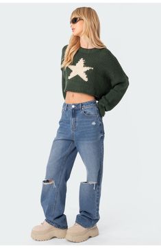 Boxy and cropped, this soft crewneck sweater highlights your star power with intarsia knitting. Crewneck Long sleeves 100% acrylic Hand wash, dry flat Imported Sweater Star, Intarsia Knitting, Mega Star, Star Sweater, Fall Clothes, Lingerie Dress, Crop Sweater, Cozy Knit, Star Design