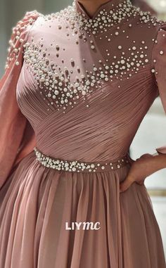 LP805 - A Line High Neck Pearls Long Sleeves Vintage Formal Evening Dr – Liymc Christian Dresses, Vintage Evening Dress, Dress Engagement, Simple Frocks, Soiree Dress, Elegant Dresses Classy, Muslim Fashion Dress, Evening Dress Fashion, Stylish Party Dresses