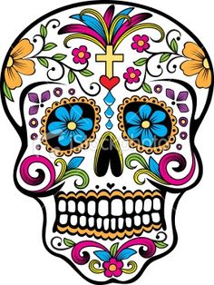 a colorful skull with flowers and a cross on it's forehead, in the middle of