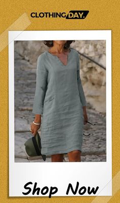 Women's Casual Dress Cotton Linen Dress Shift Dress Midi Dress Cotton Blend Modern Style Modern Outdoor Daily Date Split Neck Button Rolled Cuff 3\/4 Length Sleeve Summer Spring Fall Regular Fit Cheap Dresses Casual, Midi Shift Dress, Cotton Linen Dresses, Womens Shift Dresses, Solid Color Dress, Palau, Vanuatu, Tonga, Vestido Casual