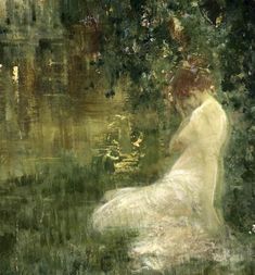 a painting of a woman sitting in the grass next to a body of water and trees