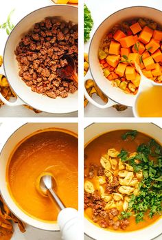 four pictures showing the steps to make soup with carrots, meat and other vegetables