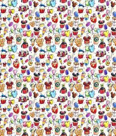 a colorful pattern with many different objects on the surface, including cups and saucers