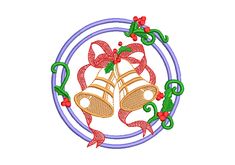 a christmas ornament with two bells and holly wreaths on the side in a circle