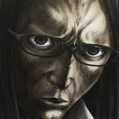 a close up of a person wearing glasses and looking at the camera with an evil look on their face