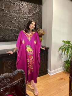 Purple Embroidered Cotton Maxi Kaftan Dress for Women L-3XL Maxi Kaftan, Cotton Maxi, House Dress, Kaftan Dress, Drip Dry, Beach Covers, Kimono Fashion, Resort Wear, Dress Outfits