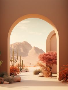 an arch leading into a desert landscape with cactus trees