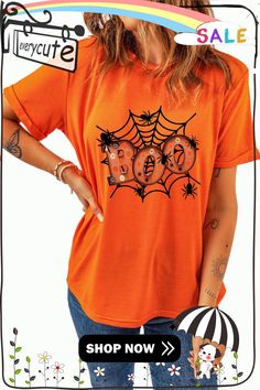 Orange Halloween Boo Spider Web T-shirts Tops Graphic, T Shirts Women, Halloween Boo, Spider Web, Women Tops, Graphic Tee, T Shirts, Halloween, Orange