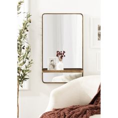 a mirror sitting on top of a wall next to a white couch