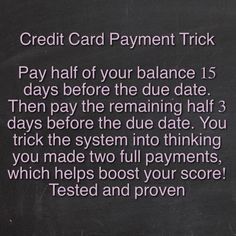 a blackboard with the words credit card payment trick written in purple ink on it