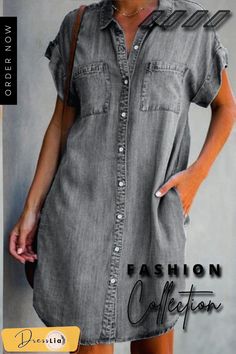 Buttoned Short Sleeve Denim Mini Dress P10426 Casual Medium Wash Dress With Pockets, Dark Wash Button Closure Summer Dress, Casual Washed Denim Dress With Short Sleeves, Relaxed Fit Short Sleeve Washed Dress, Casual Washed Knee-length Denim Dress, Casual Washed Summer Dress, Casual Summer Dress With Washed Look, Casual Medium Wash Mini Dress With Pockets, Relaxed Fit Washed Button-up Dresses