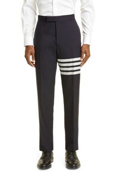 A signature quartet of satiny stripes rings one leg of crisp, smart pants tailored from pure wool with handsome mélange coloring that can go sporty or formal. 16" leg opening; 11 3/4" front rise; 17" back rise Button fly Side-seam pockets; back button-besom pockets Adjustable back strap with button closure Unhemmed. Get the perfect fit—book an appointment with one of our alterations experts Lined 100% wool Dry clean Made in Italy Elegant Formal Pants With Vertical Stripes, Elegant Vertical Striped Pants For Formal Occasions, Classic Pants With Vertical Stripes, Formal Dress Pants With Vertical Stripes, Formal Straight Dress Pants With Vertical Stripes, Formal Ankle-length Striped Pants, Formal Straight Pants With Vertical Stripes, Tailored Vertical Stripe Business Pants, Business Tailored Vertical Stripes Pants