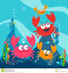 cartoon crab family under the sea with bubbles