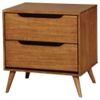 a wooden nightstand with two drawers on one side and an open drawer on the other