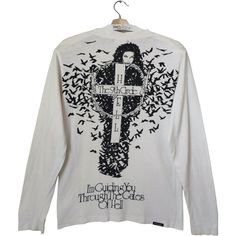 This 90's Hysteric Glamour long sleeve tee will personally guide you through the gates of hell. The back of the shirt is my favorite with satanic symbolism, birds, candles, and other imagery. There is text on the front and back that reads "Im Guiding You Through The Gates Of Hell" in a gothic font.  ★★ Please read all the description carefully befoare make any purchasing. Somehow, if you have any questions feel free to ask. ★★ Please check and understand the measurements given. ★★ DETAILS : - Si Gothic Long Sleeve T-shirt For Fall, Gothic Long Sleeve Cotton T-shirt, Gothic Font, Gates Of Hell, Gothic Fonts, Hysteric Glamour, Long Sleeve Tees, Like New, Adult Outfits