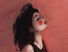 a drawing of a girl with red nose and black hair, looking up to the sky