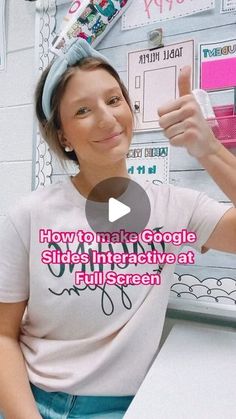 a woman sitting in front of a whiteboard with writing on it and the words how to make google slides interactive at full screen