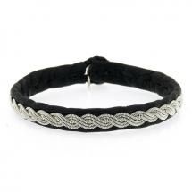 Handmade single wrap Bracelet created in black leather with woven Pewter and horn clasp by Maria Rudman.  17.5cm