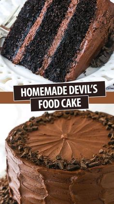 there is a chocolate cake with frosting on the top and bottom, along with an advertisement for homemade devil's food cake