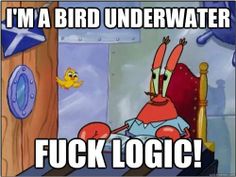 a cartoon character sitting in bed with the caption i'm a bird under water