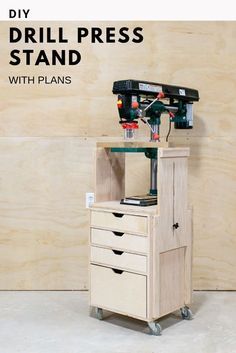 a drill press stand with drawers on wheels