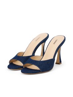 A subtly flared heel transforms a chic classic into an elegant statement. In versatile dark wash denim, the Avery backless sandal features a rounded-toe sole and clean vamp that keep the look timeless. Embrace head-to-toe denim by pairing it with jeans and a jacket or pair it with a dress to add texture. | L'AGENCE Avery Denim Peep-Toe Mule In Dark Blue Denim Spring Formal Denim Heels, Denim Heels With Heel Strap, Chic Denim Blue Open Toe Sandals, Chic Denim Open Toe Sandals, Denim Open Toe Heels With Heel Strap, Chic Open Toe Denim Sandals, Denim High Heels With Heel Strap, Denim Heels With Heel Strap And Open Toe, Denim Blue Open Heel Denim Heels