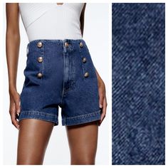 Nwt. Zara Blue Z1975 Denim High Rise Shorts With Decorative Golden Buttons On The Front, Patch Pockets On The Back, Zipper And Button Closure. Size 12. Ref. 6147/082. Waist 15,5" Flat, Rise 13", Inseam 4". C. Denim Blue Short Length Jeans With Belt Loops, Denim Jeans With Belt Loops And Short Legs, Dark Wash Short Leg Denim Jeans, Blue Short Jeans With Belt Loops, Blue Denim Shorts With Belt Loops, Blue High-rise Jean Shorts With Belt Loops, Blue Denim Jean Shorts With Belt Loops, High Rise Denim Shorts With Belt Loops, Dark Wash Denim Shorts With Belt Loops