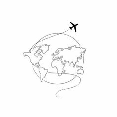 an airplane flying over the earth in black and white, drawn by hand on a sheet of paper